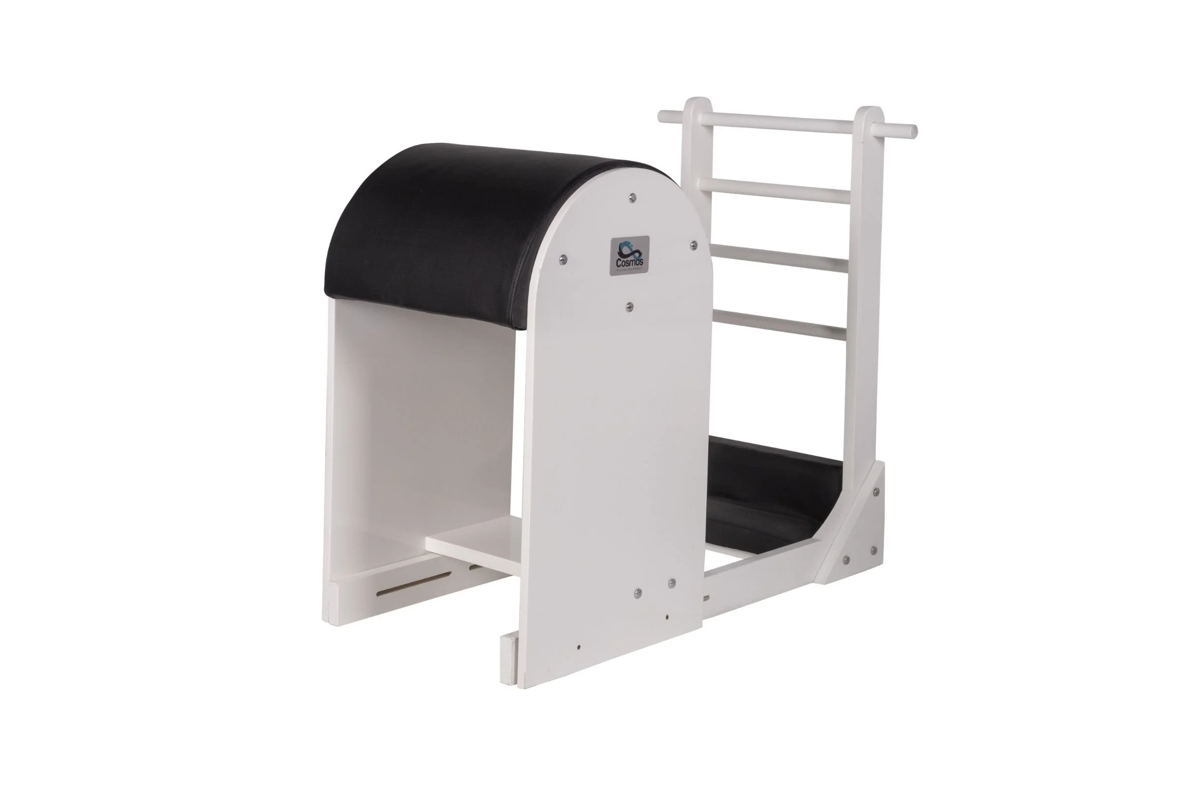 A modern white and black miniature vault with a curved top, metal reinforcements, and a small table surface, designed for pet grooming or veterinary use.