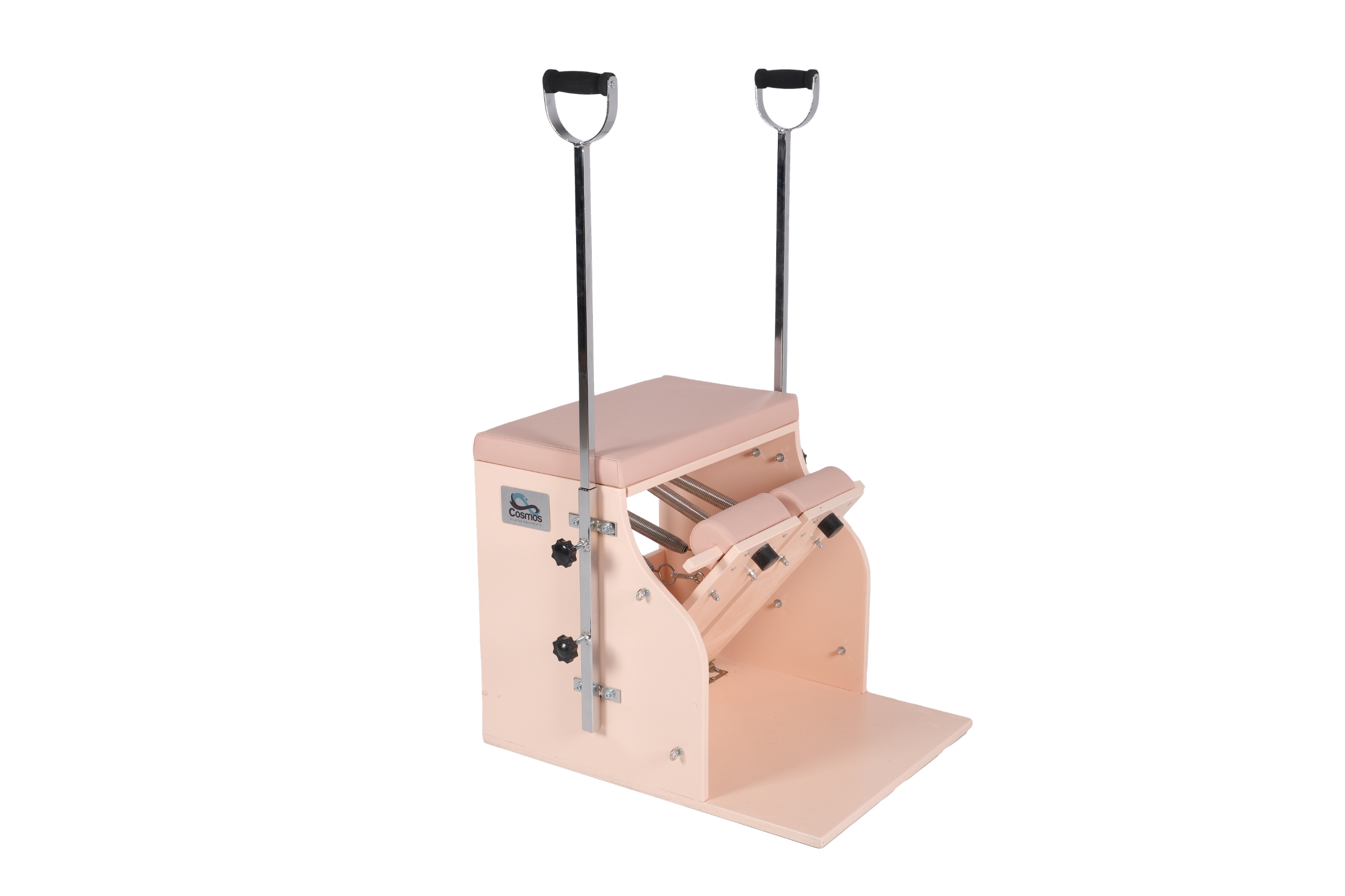 A pink high-low adjustable massage or therapy chair with metal handles and control knobs.