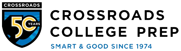 Crossroads College Prep logo with a shield displaying '50 Years', featuring black, gold, and blue colors, and the school name written across the image with the tagline 'Smart & Good Since 1974' in blue text.