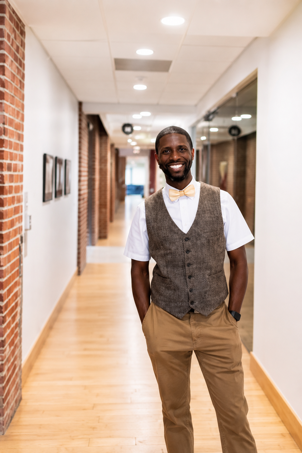 Smiling man dressed in a bow tie, vest, and beige pants standing in a well-lit hallway with wooden floors and brick walls.