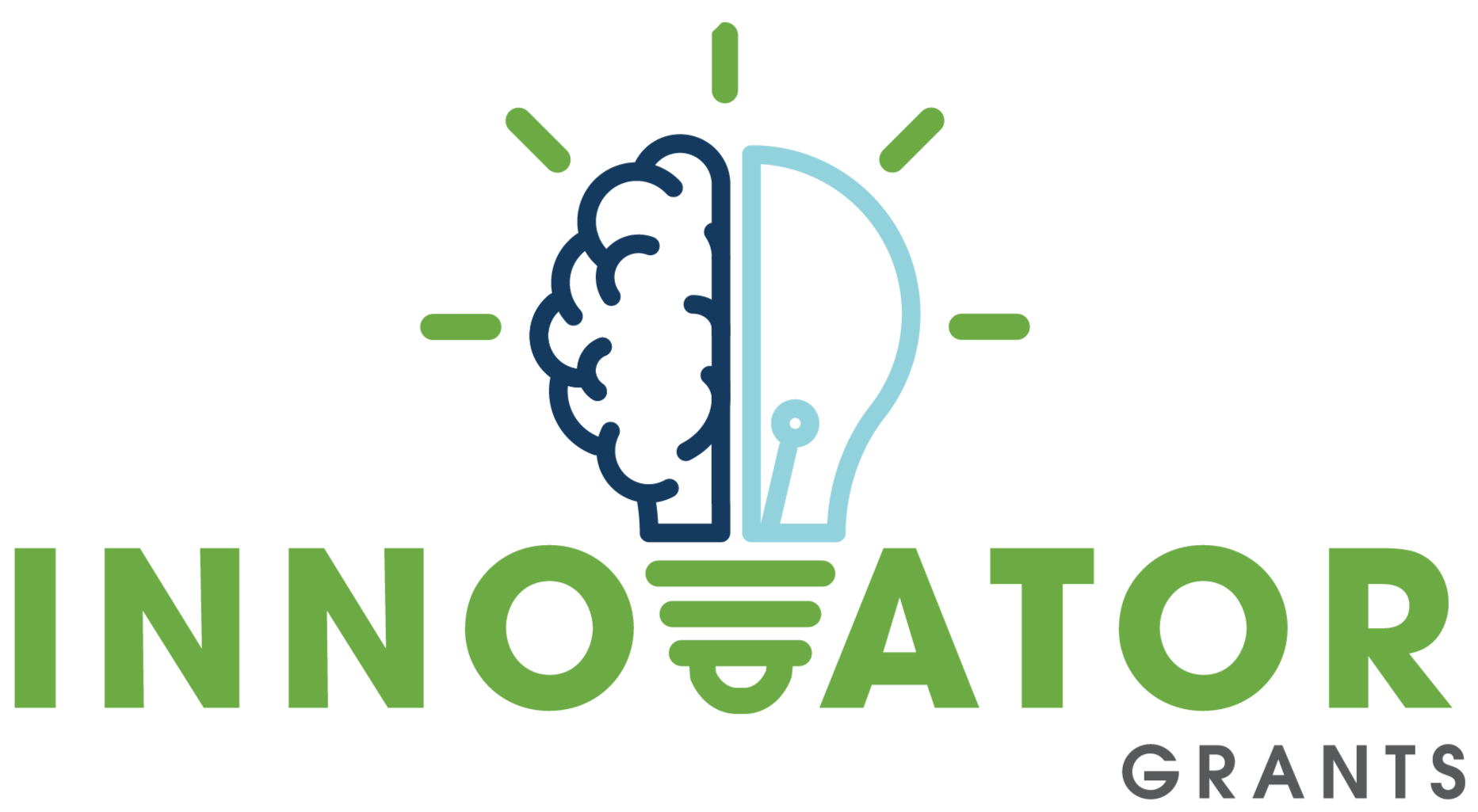 A logo featuring a brain on the left and a lightbulb on the right, with green rays emanating around the top. Below, the word 'INNOVATOR' in large green letters, with the word 'GRANTS' in smaller gray letters beneath.