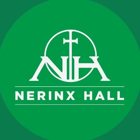 Logo of Nerinx Hall featuring stylized letters and a cross on a green background.