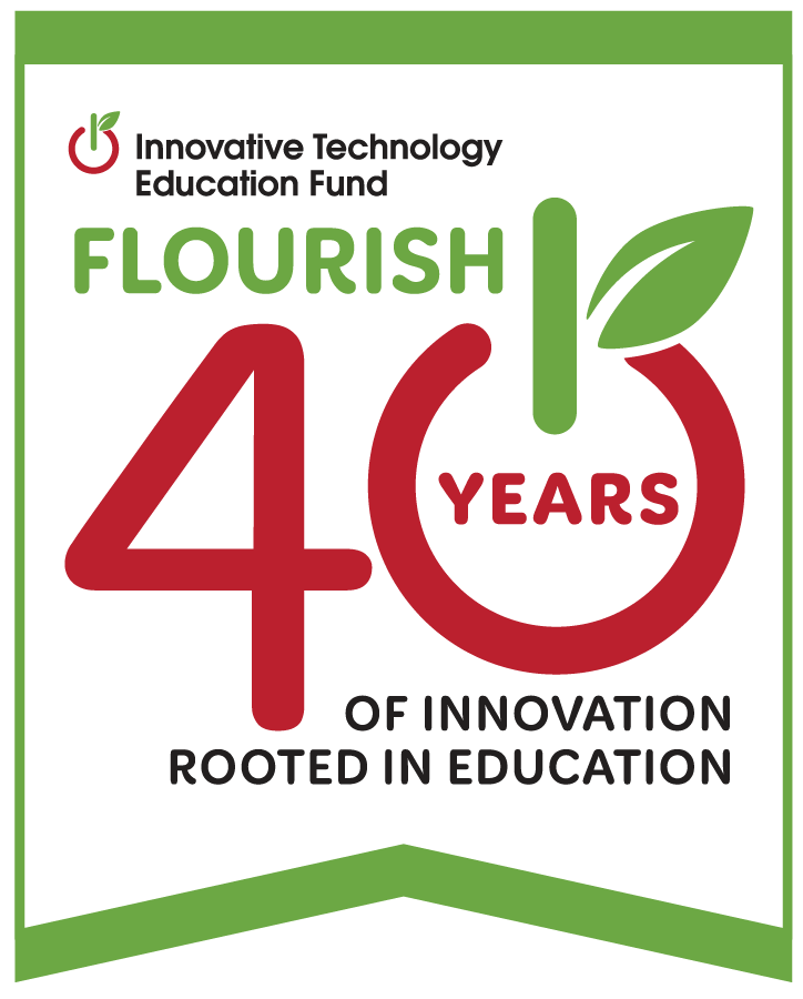 Banner celebrating the 40th anniversary of the Innovative Technology Education Fund, with green, red, and black colors, featuring a green leaf and a red circle design.
