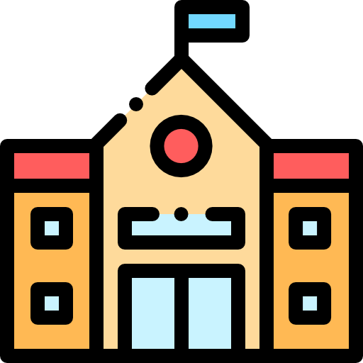 Icon of a school building with a clock and two neighboring structures