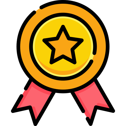 A digital illustration of an award medal with a gold star in the center, a yellow background, and pink ribbons hanging down.