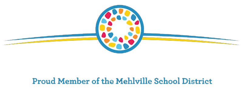 Logo of the Melville School District with colorful confetti circle and horizontal colorful lines above and below.