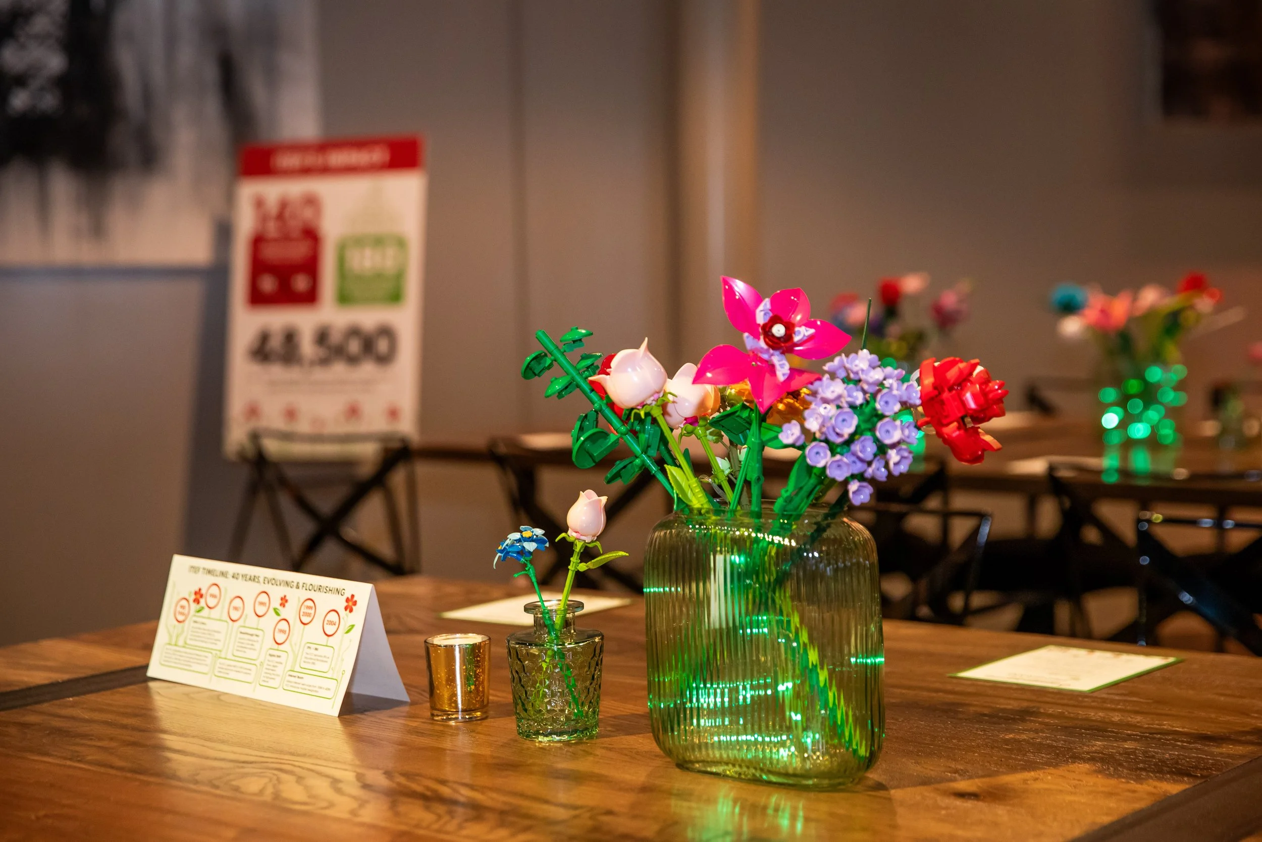 Vase of artificial flowers including pink orchids, white tulips, and purple and red blossoms on a wooden table in a restaurant or cafe setting.