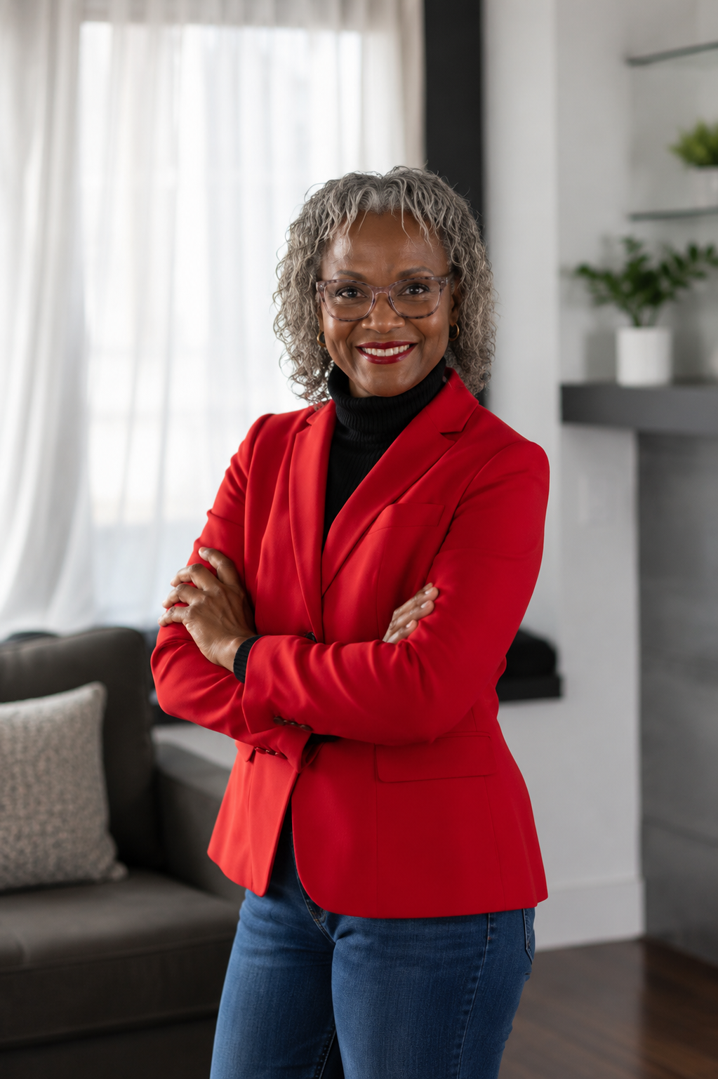 A confident woman with gray curly hair, wearing glasses, a black turtleneck, a red blazer, and blue jeans, standing with arms crossed in a well-lit living room.