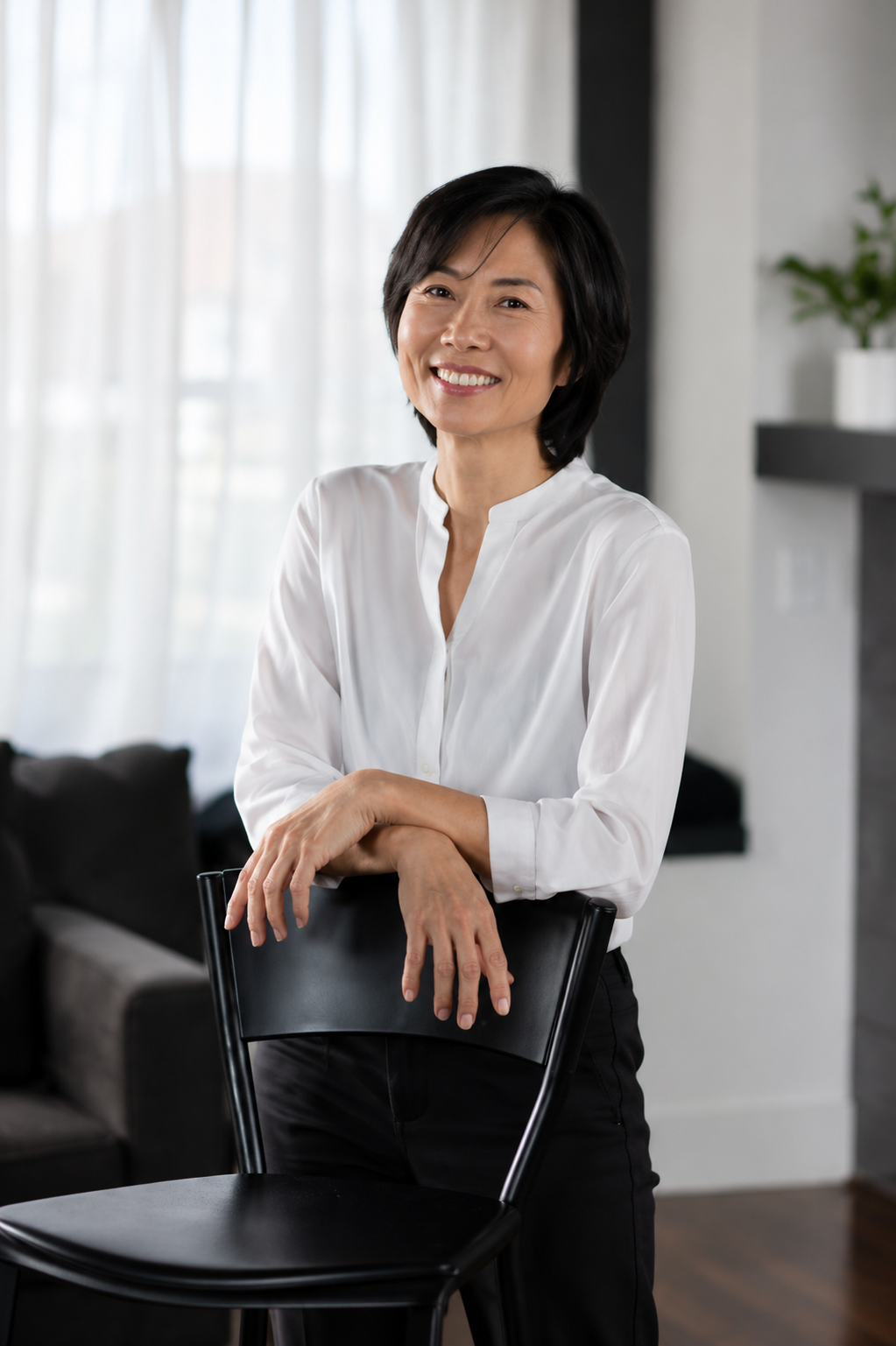 A woman with short black hair smiling, wearing a white blouse, leaning on a black chair in a modern living room with curtains and a potted plant in the background.