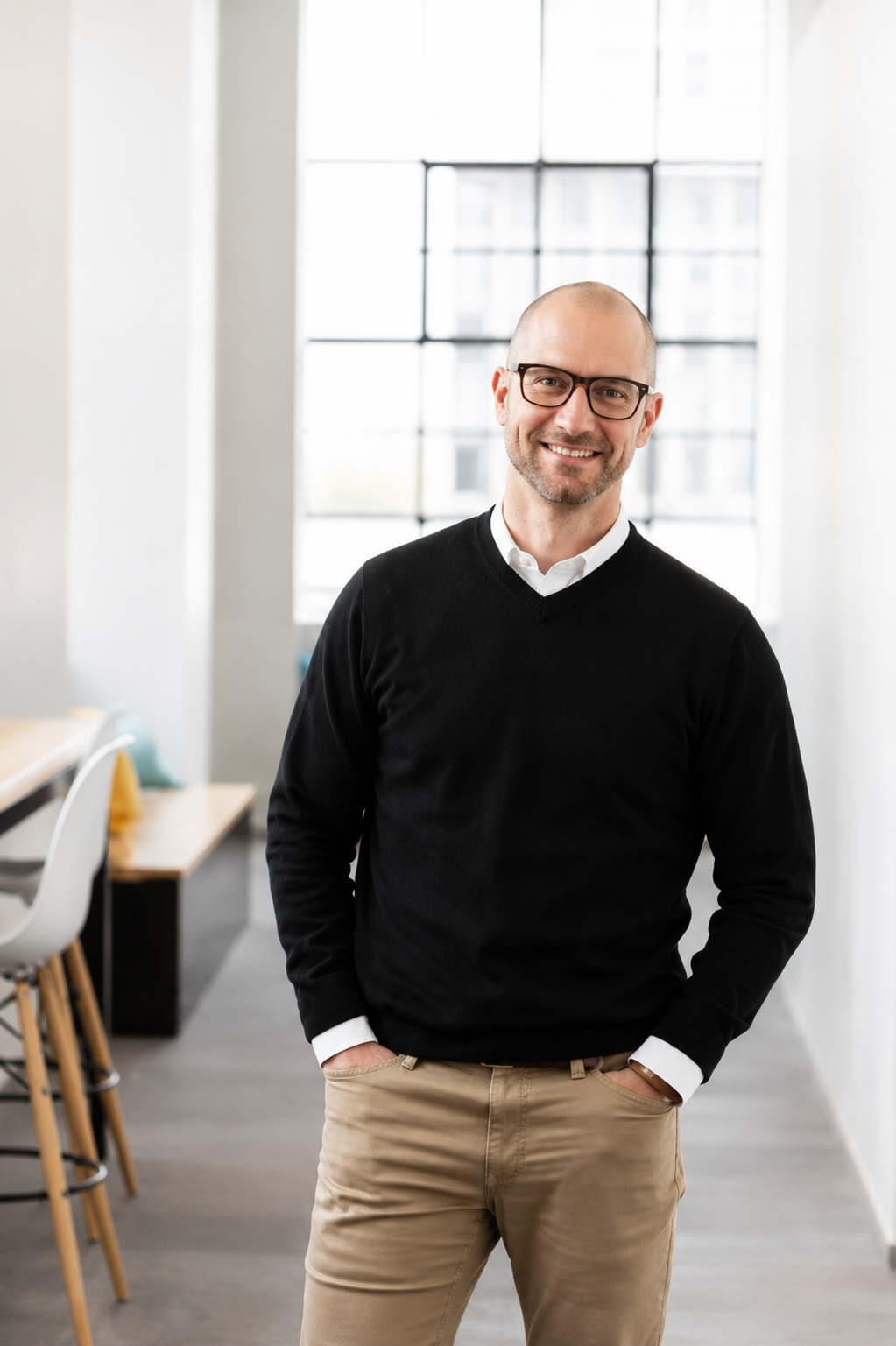 A man with glasses and a beard, wearing a white shirt and black sweater, standing in a bright office space with large windows and a modern interior.