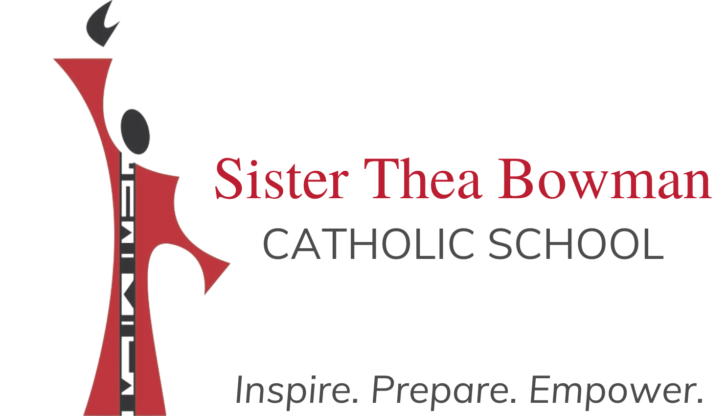 Logo for Sister Thea Bowman Catholic School featuring a stylized figure in red and black, with the school name and tagline 'Inspire. Prepare. Empower.'