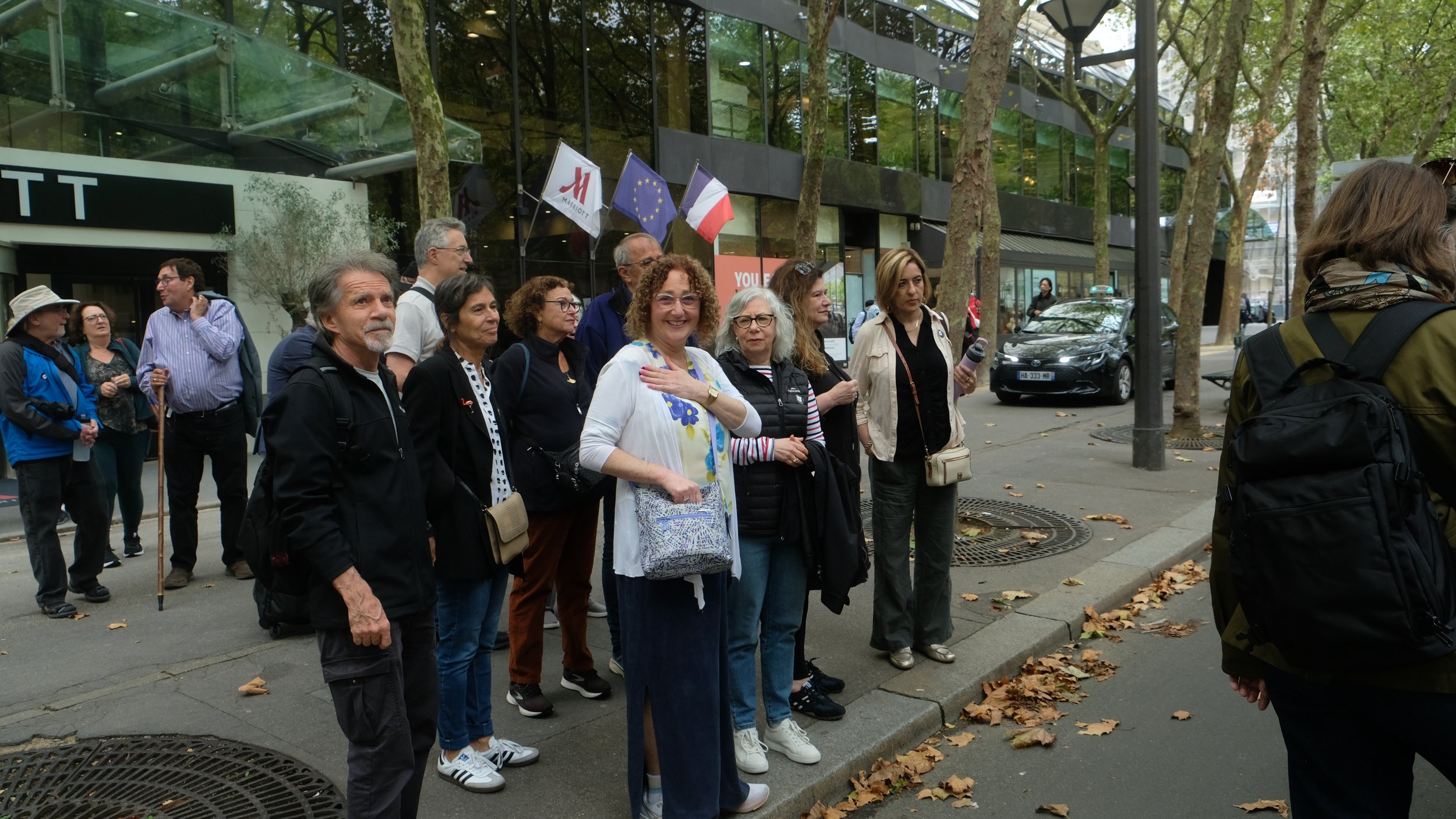 Waiting to board the bus for the tour to Drancy. First row from the left, Marsha Rozenbaum and Michelle Meisels from Australia.