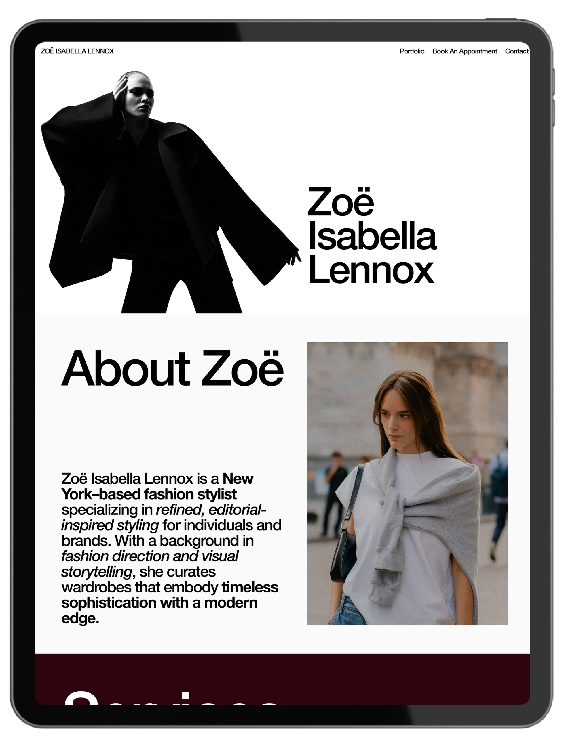 A black-and-white photograph of a woman in a high fashion pose, wearing a dark oversized coat and black clothing, with her hand on her head. navigation links for Portfolio, Book An Appointment, and Contact. The webpage content includes an introduction about describing her as a New York-based fashion stylist, with a large headline reading About and a photograph of a woman outdoors in a casual outfit.