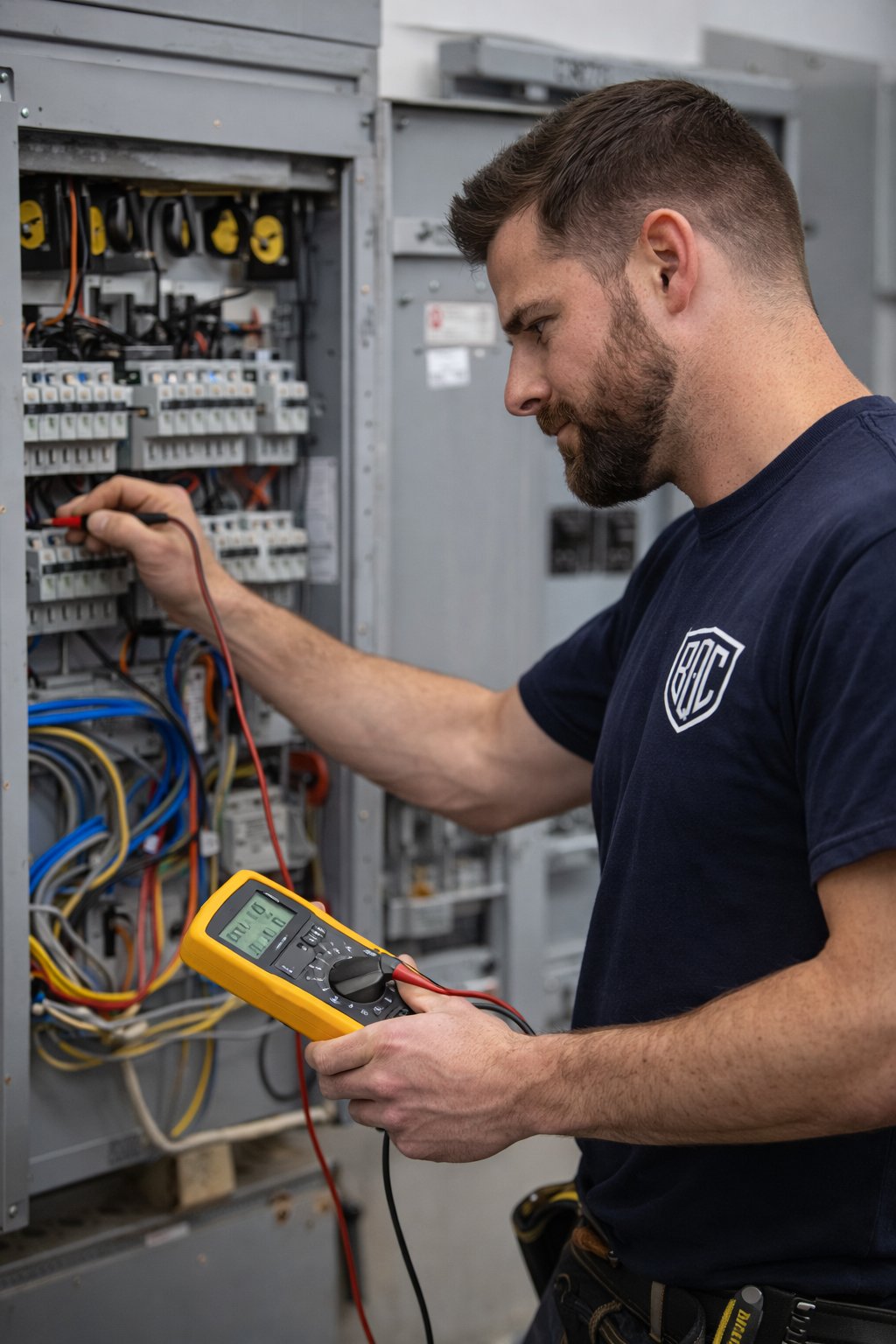 Technician working on an electrical panel with a digital multimeter.