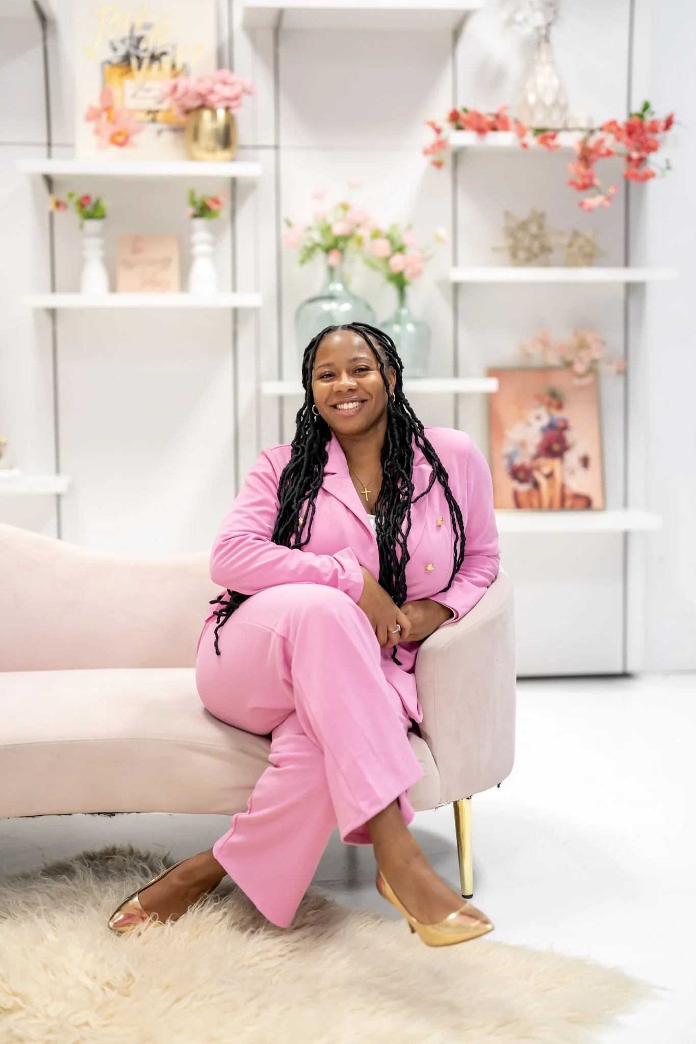 A woman sitting on a pink sofa in a brightly decorated room with floral decor and art on shelves behind her
