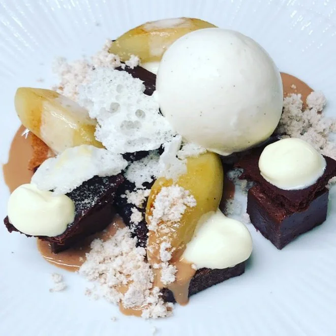 Dark chocolate brownie, roasted apples, milk ice cream