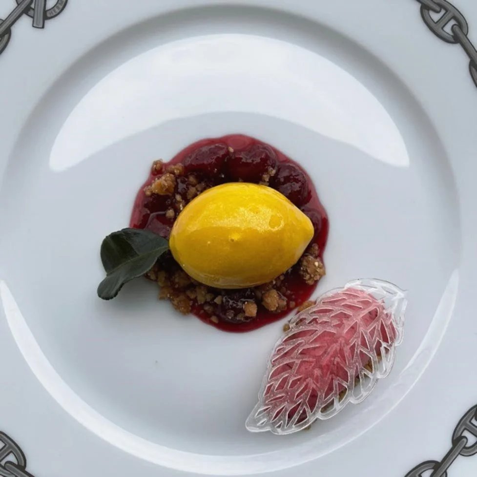 Lemon, summer berries, hazelnut crumble & raspberry sorbet