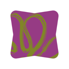 A printed fabric with a purple background and green swirling line patterns.