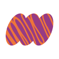 A heart-shaped object with orange and purple stripes.