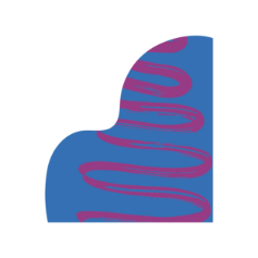 A stylized blue and purple ice cream cone with a single scoop and a spiraled topping.