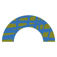 Graphic of an arch shape with a blue and yellow plaid pattern on a black background.