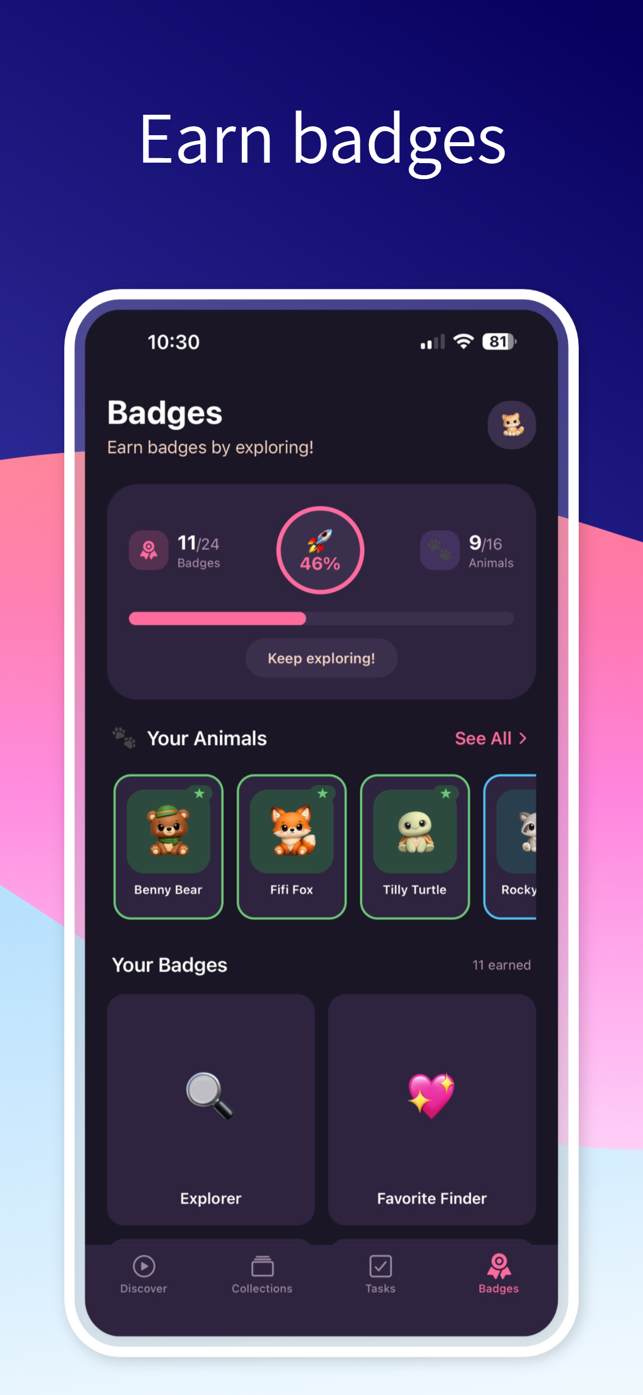 Mobile app screen showing a badge achievement feature with progress, user characters, and navigation tabs.