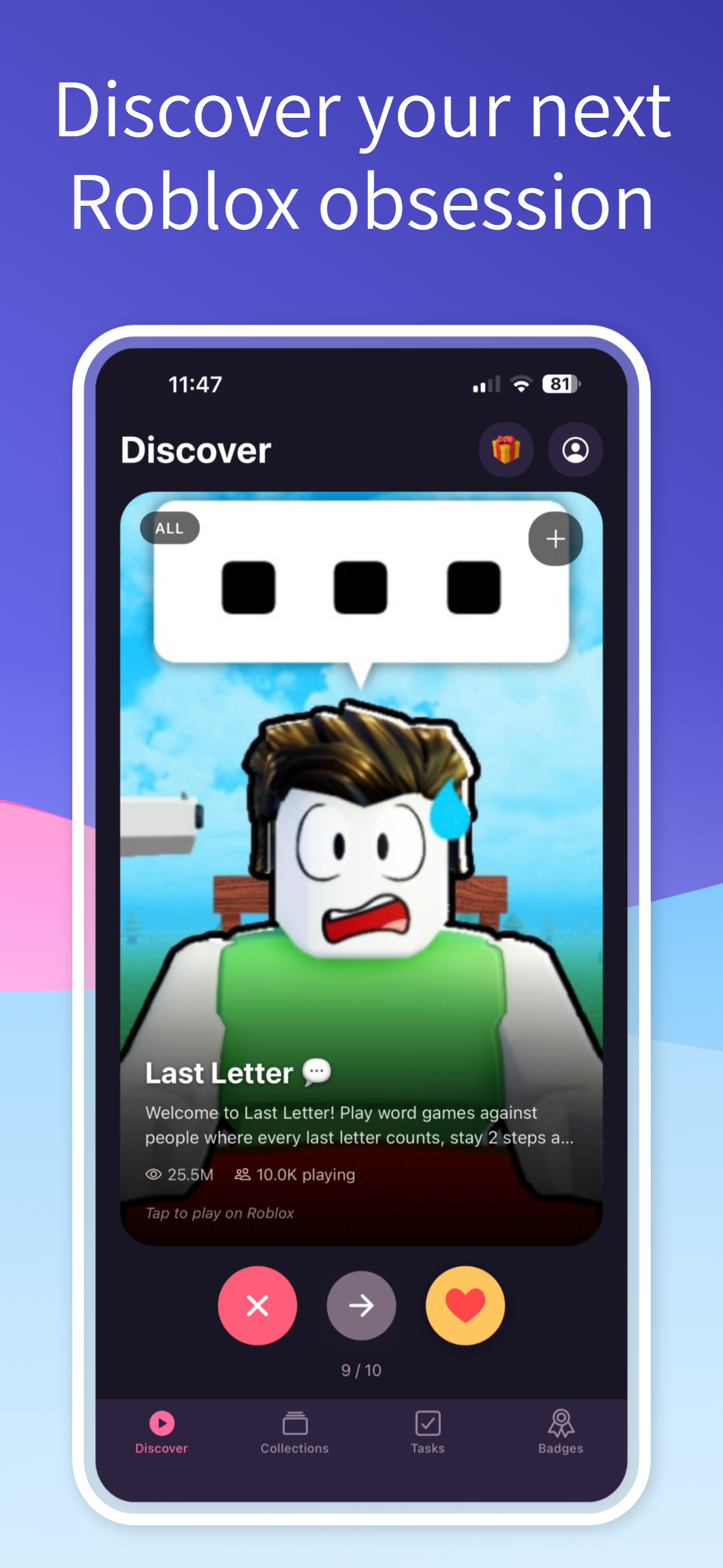 A smartphone screen displays a Roblox game app with the title 'Last Letter'. The character has a worried expression, a sweat drop on its face, and a background featuring a blue sky with clouds. The app interface shows navigation buttons, game details, and options to like, dislike, or skip the game.