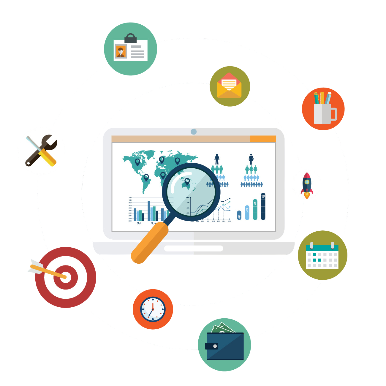 A digital illustration of data analysis and management with icons including a magnifying glass, world map with location markers, bar graphs, pie charts, a target with an arrow, a clock, a wallet, a calendar, a rocket, and icons for email, tools, and a mug of pencils.