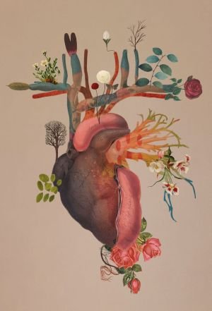 A heart with various plants and flowers growing from it, symbolizing nature and life.