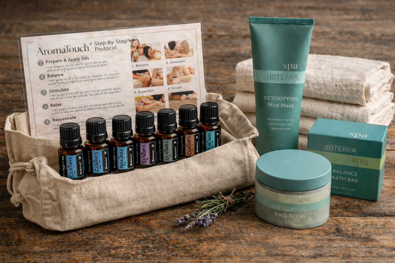 Spa set including essential oils, detoxifying mud mask, balance bath bar, exfoliating body scrub, towels, and a step-by-step protocol for aromatherapy and relaxation.