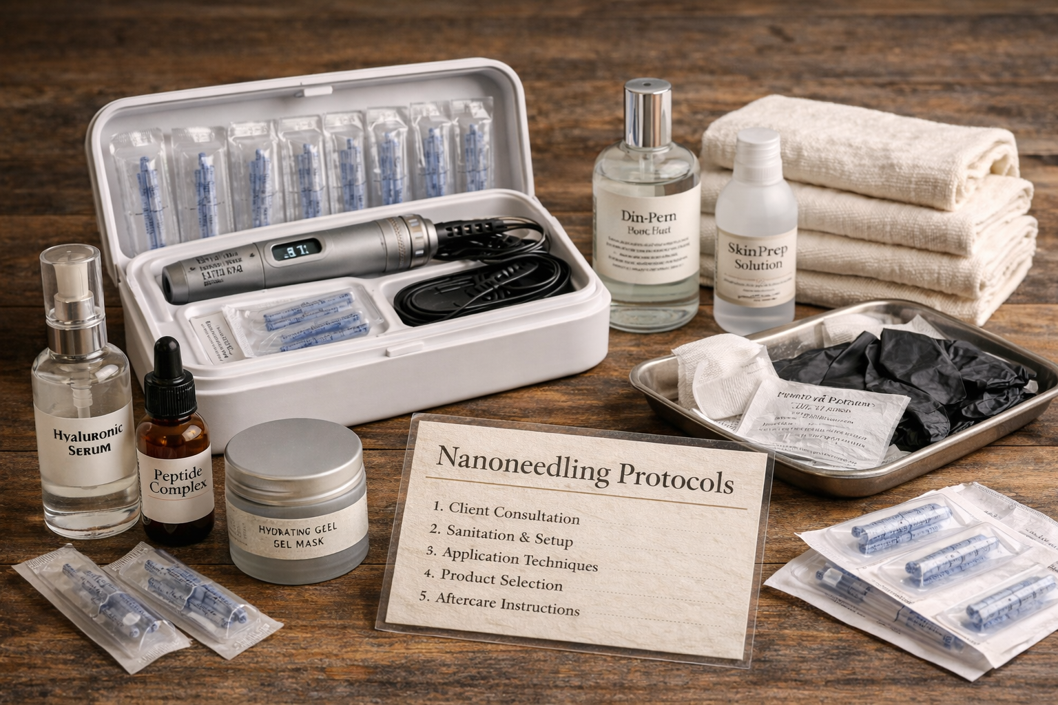 A nanoneedling setup with cartridges, skincare serums, gels, and  Dr Pen modality, along with a sign listing protocols and instructions on a wooden surface.