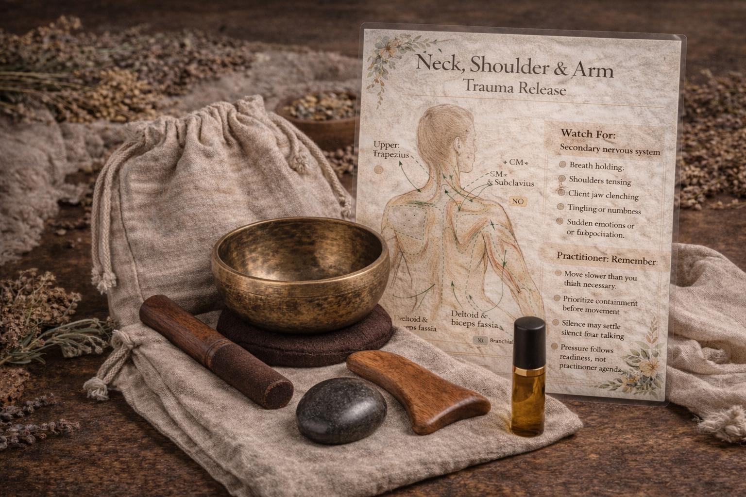 A meditation or therapy setup with a beige cloth bag, singing bowl, wooden mallet, rock, wooden Gua Sha tool, small bottle of essential oil, and an informational sign about neck, shoulder, and arm trauma release, all arranged on a wooden surface with dried plants and blankets.