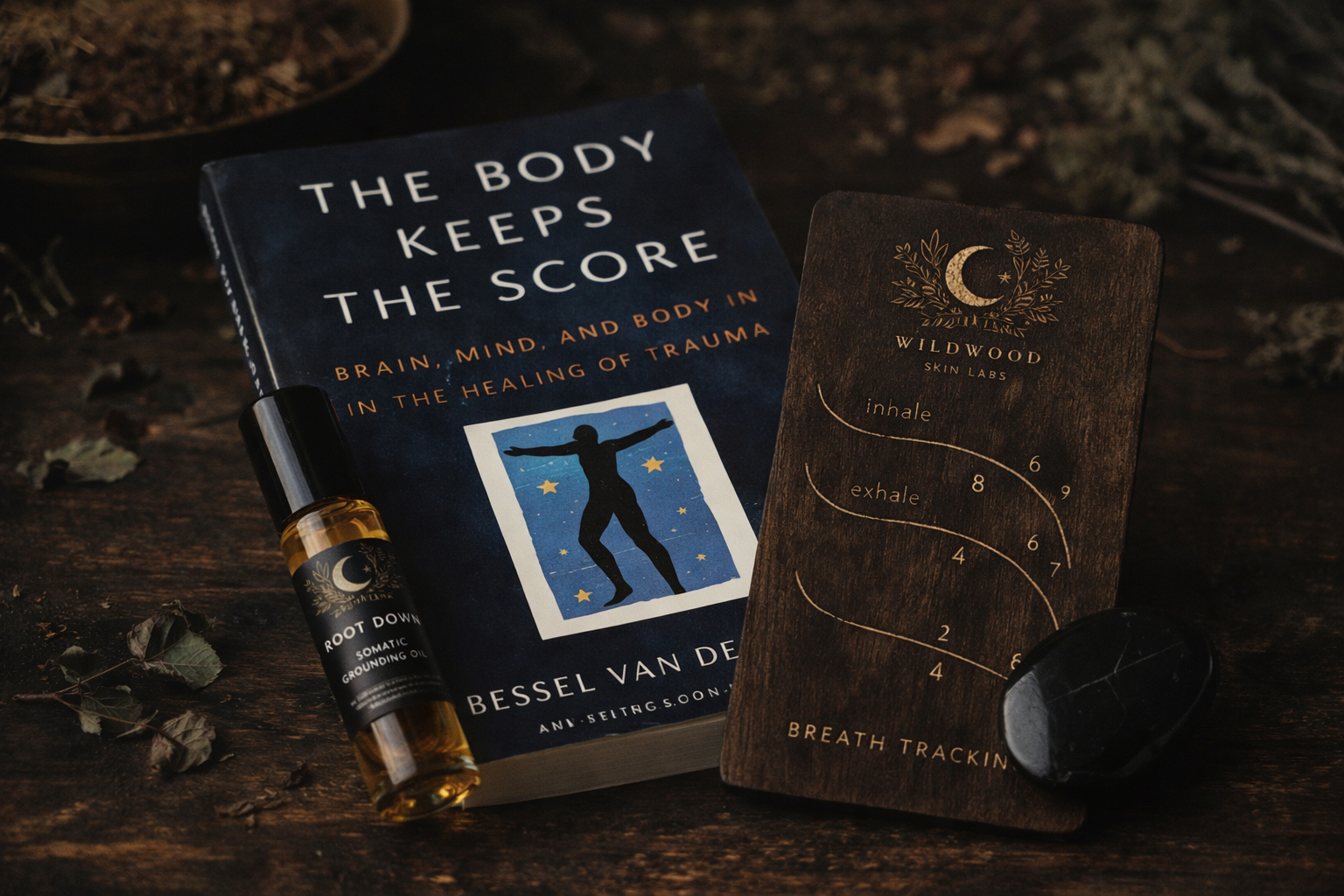 A book titled 'The Body Keeps the Score', a small bottle labeled 'Root Down Somatic Grounding Oil', a wooden card with breath tracking lines marked 'inhale' and 'exhale', and a black stone on a wooden surface with dried leaves scattered around.