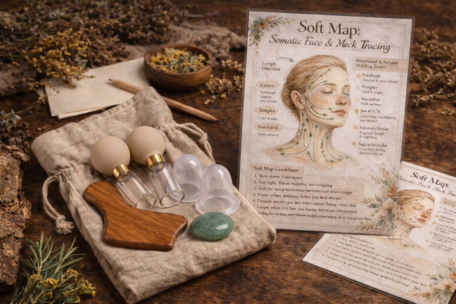 A soft map chart titled 'Soft Map: Somatic Face & Neck Tracing' with instructions, placed on a wooden table surrounded by herbs, a burlap bag, glass vials, a wooden spatula, a green stone, and paper with additional information.
