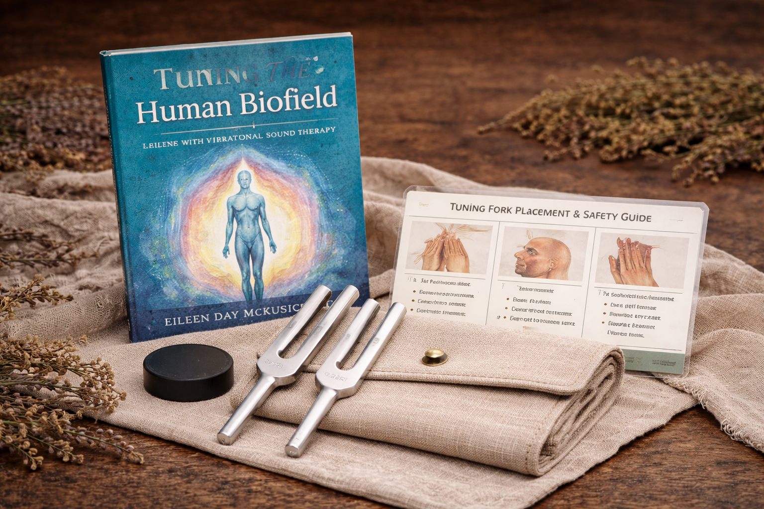 Book titled 'Tuning the Human Biofield' by Eileen Day McKusick, two tuning forks, a black circular object, a small golden item, a folded beige cloth, a safety guide with hand and head diagrams, and dried herbs on a fabric surface.