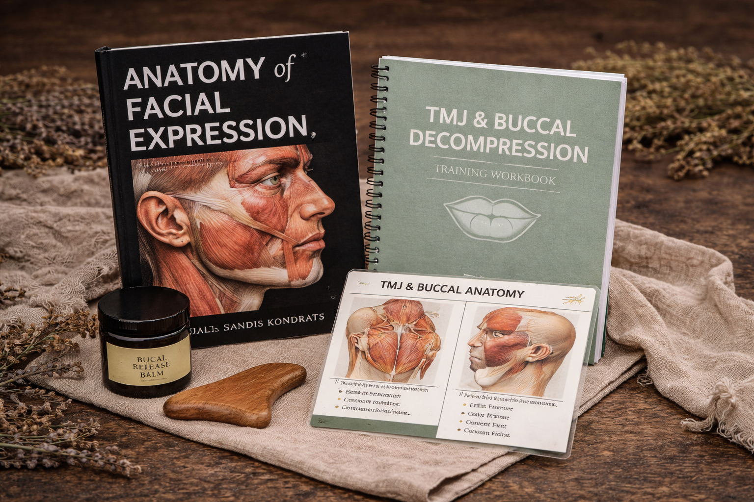 Books and educational materials on facial muscle anatomy and decompression therapy, including a book titled 'Anatomy of Facial Expression', a workbook titled 'TMJ & Buccal Decompression', a diagram of facial muscles, and a jar of buccal release balm, all arranged on a cloth on a wooden surface.