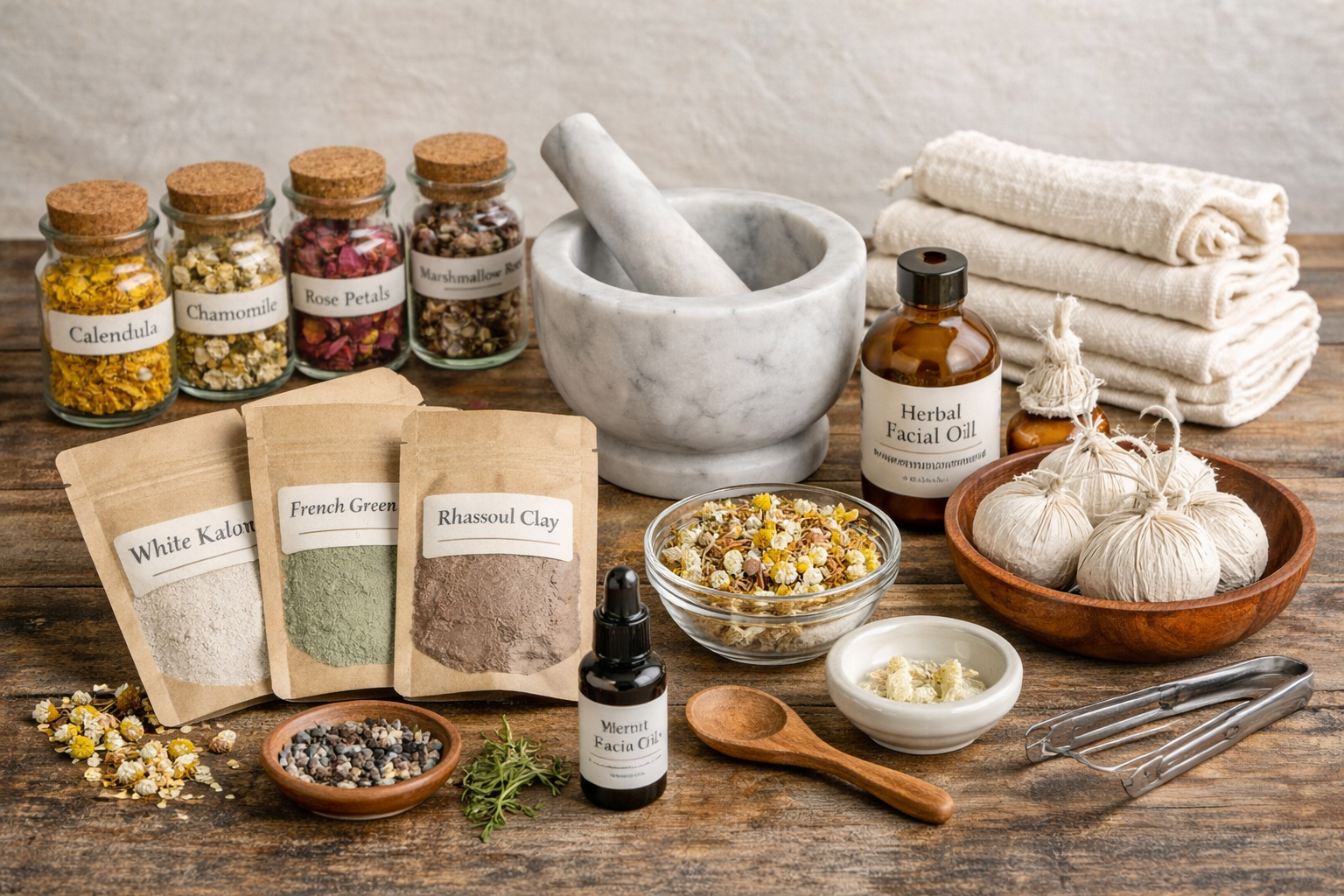 Collection of herbs, dried flowers, and essential oils with a mortar and pestle, folded towels, a bowl of dried herbs, and a bowl of herbal paste on a wooden surface.