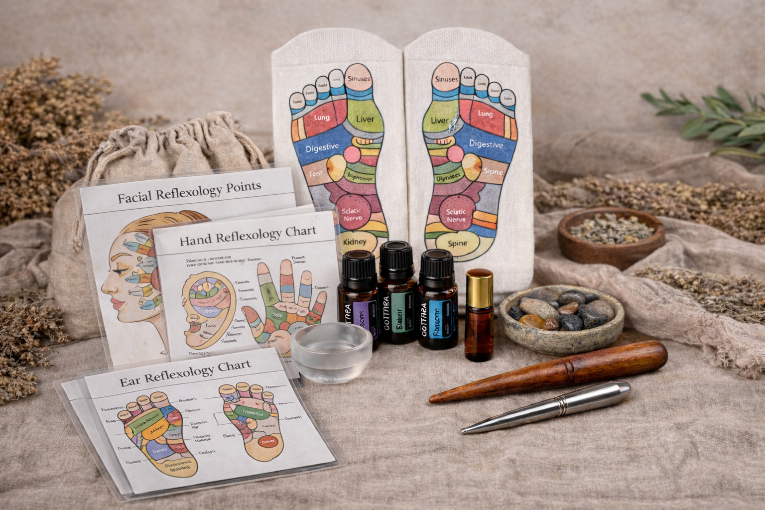 Reflexology tools and charts on a table, including foot, hand, and ear reflexology diagrams, essential oils, stones, and a pen.