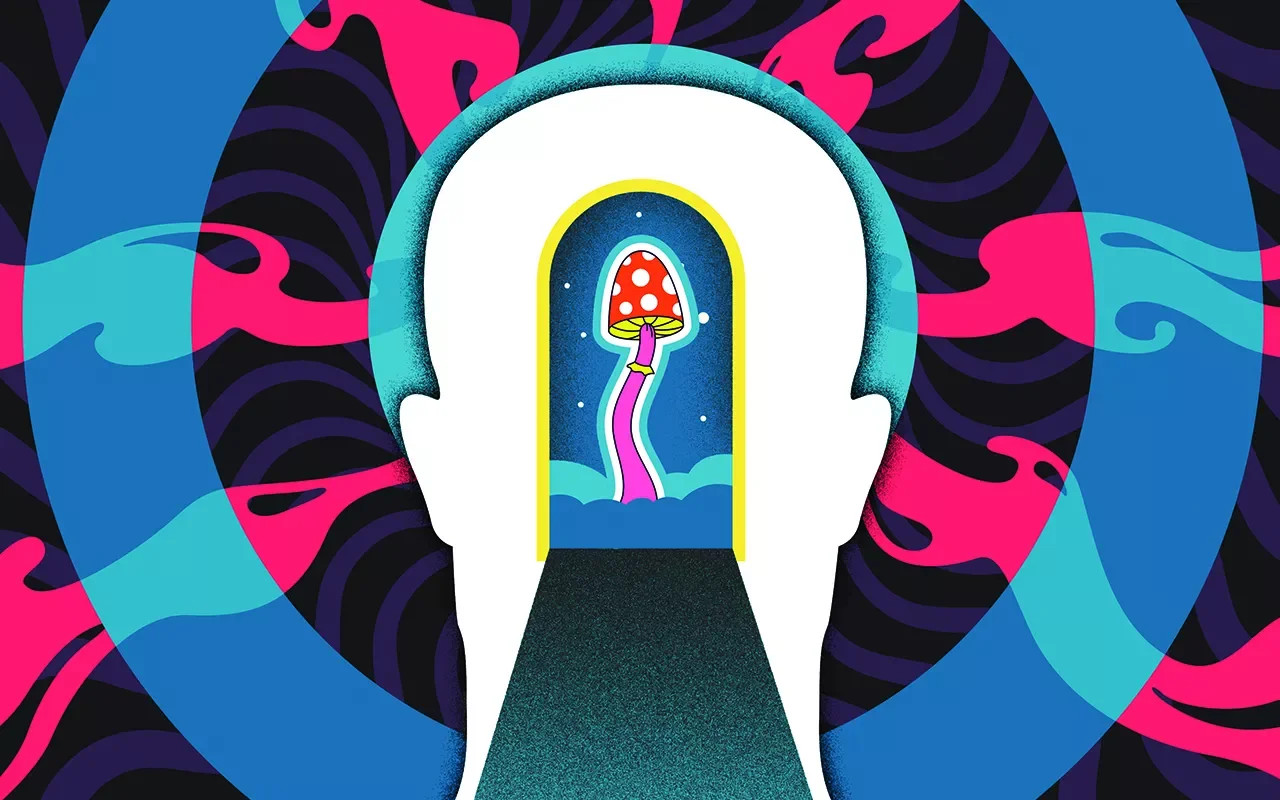 A surreal digital illustration of a person's head viewed from behind with the top opening revealing a whimsical scene with a red mushroom with white spots, a pink worm, and a starry night sky, surrounded by vibrant, swirling pink and blue shapes.