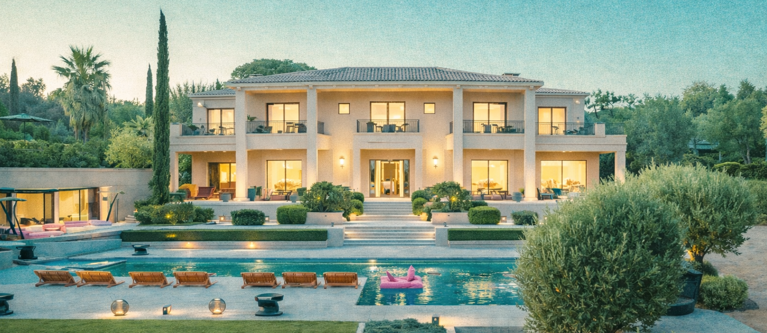 Luxury multi-story house with a swimming pool in the foreground, surrounded by greenery, with warm interior lighting visible through large windows.
