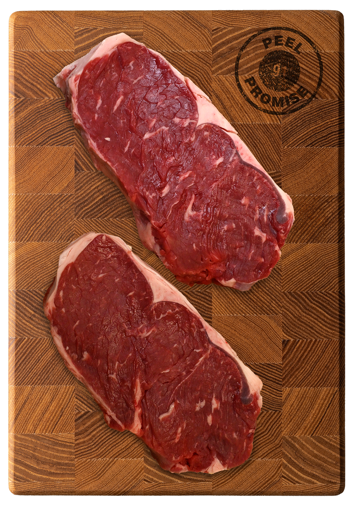 Two raw steaks on a wooden cutting board with a 'Peel & Promise' stamp.