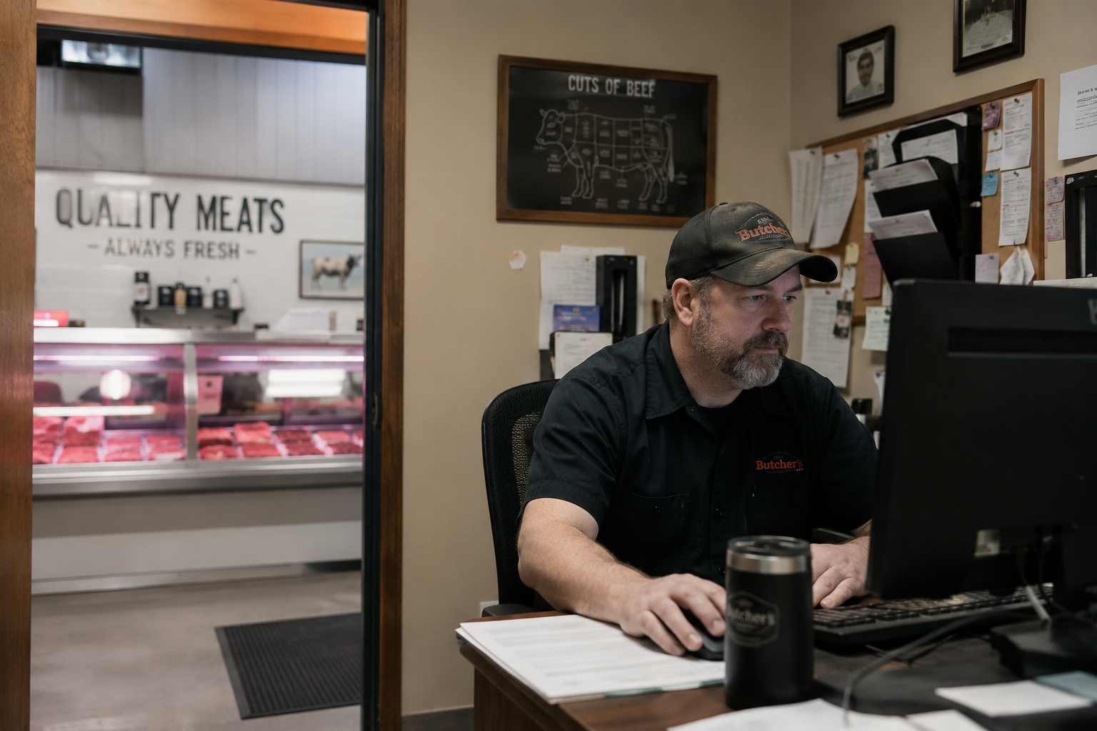 A man in a black shirt and cap working at a computer in a butcher shop office, with meat cuts displayed in the background.