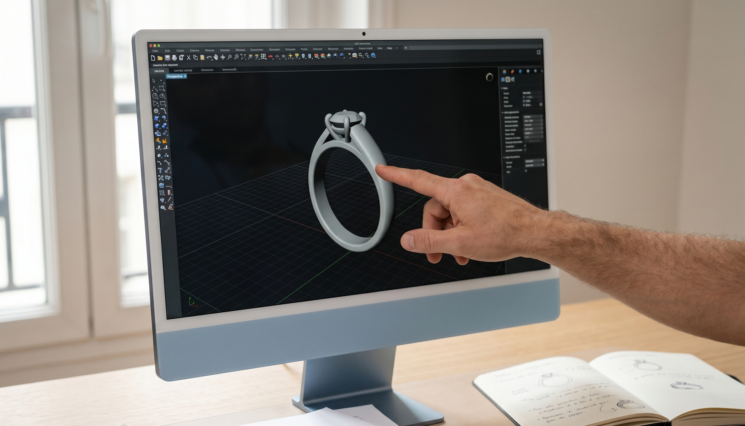 Modélisation 3D d'une bague en cours d'ajustement sur ordinateur