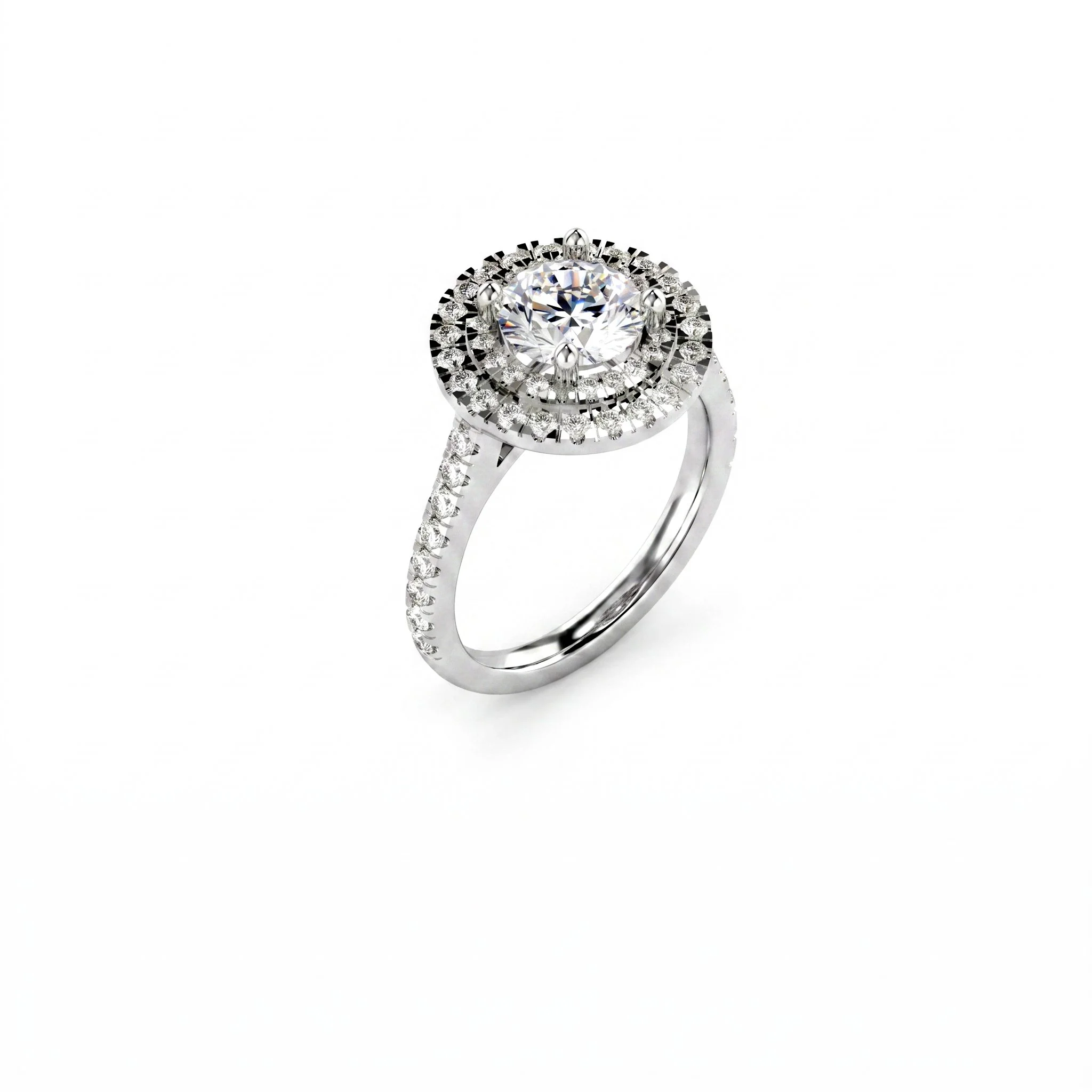 Solitaire pavé double halo - Or blanc