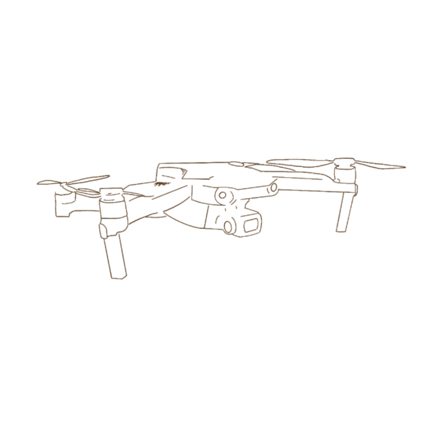 Outline drawing of a drone with a camera mounted underneath, depicted in brown lines on a black background.