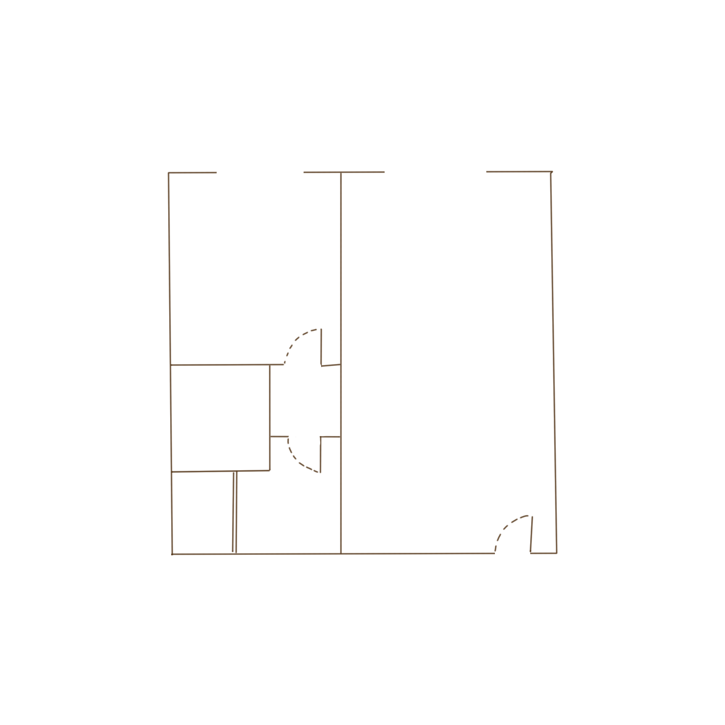 Floor plan of an apartment with multiple rooms, including a bathroom, kitchen, bedrooms, and a living area, with interior doors and wall arrangements.