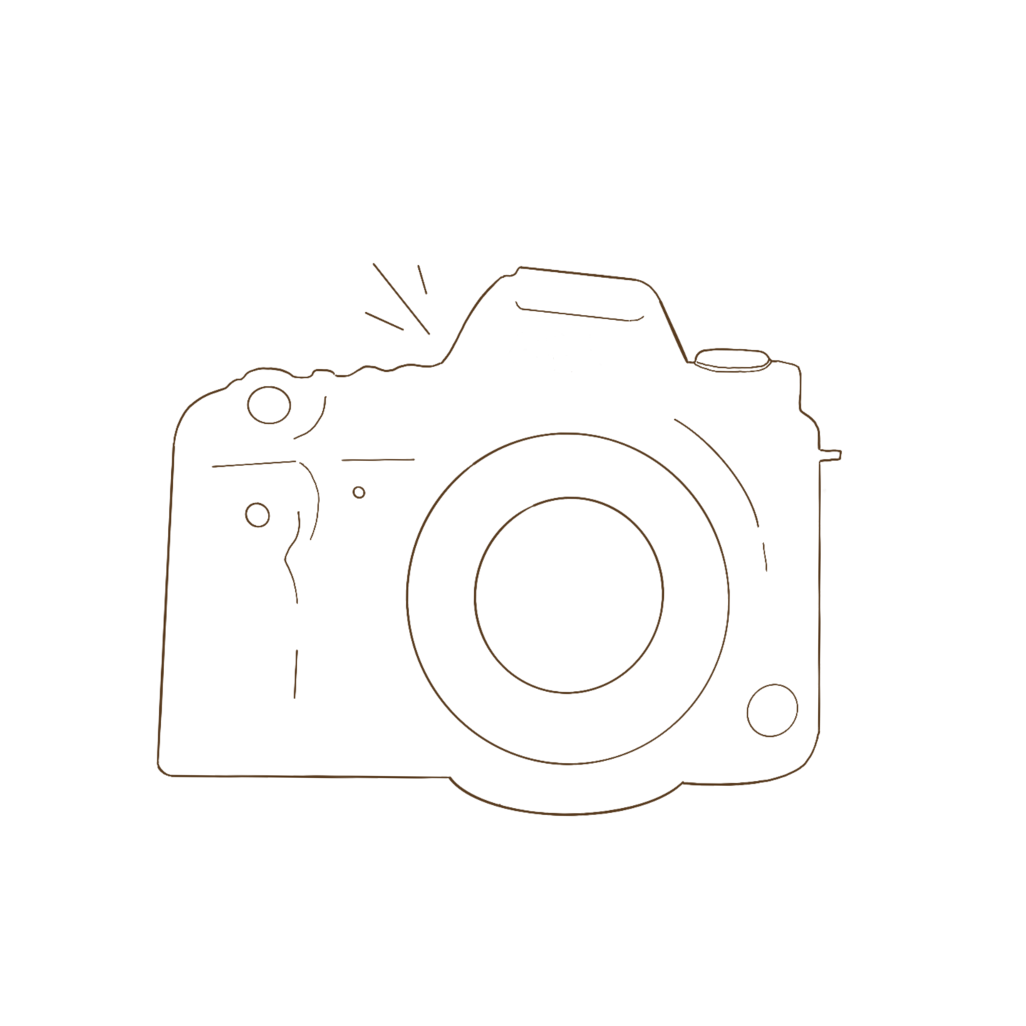 Line drawing of a camera with indications of flash or lightning over the top left of the camera.