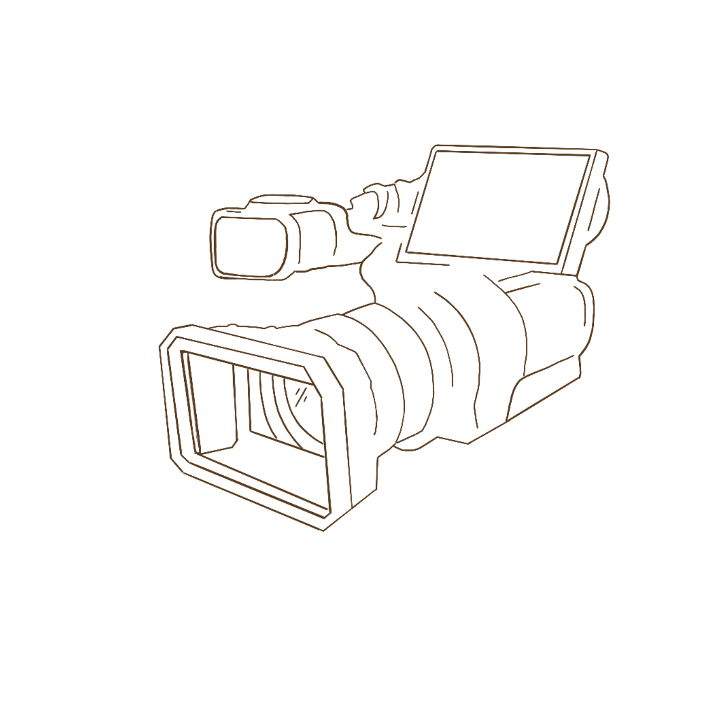 Outline drawing of a professional video camera with a large lens, viewfinder, and a flip-out screen.