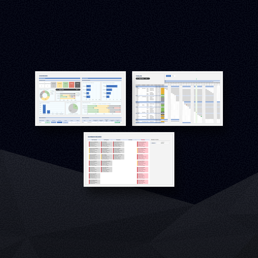 Three screenshots of project management dashboards and spreadsheets displayed on a dark background.