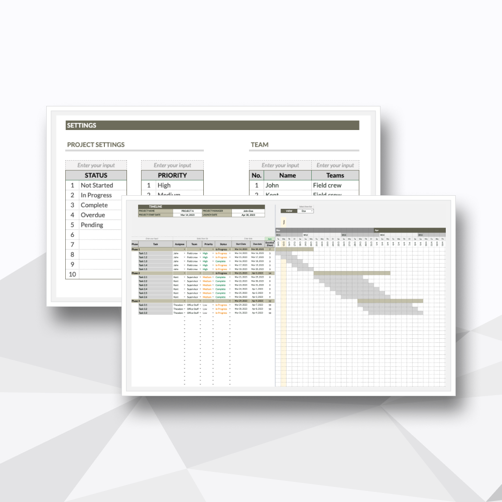 Screenshots of project management tools including a project status and priority list, team member information, and a timeline Gantt chart.